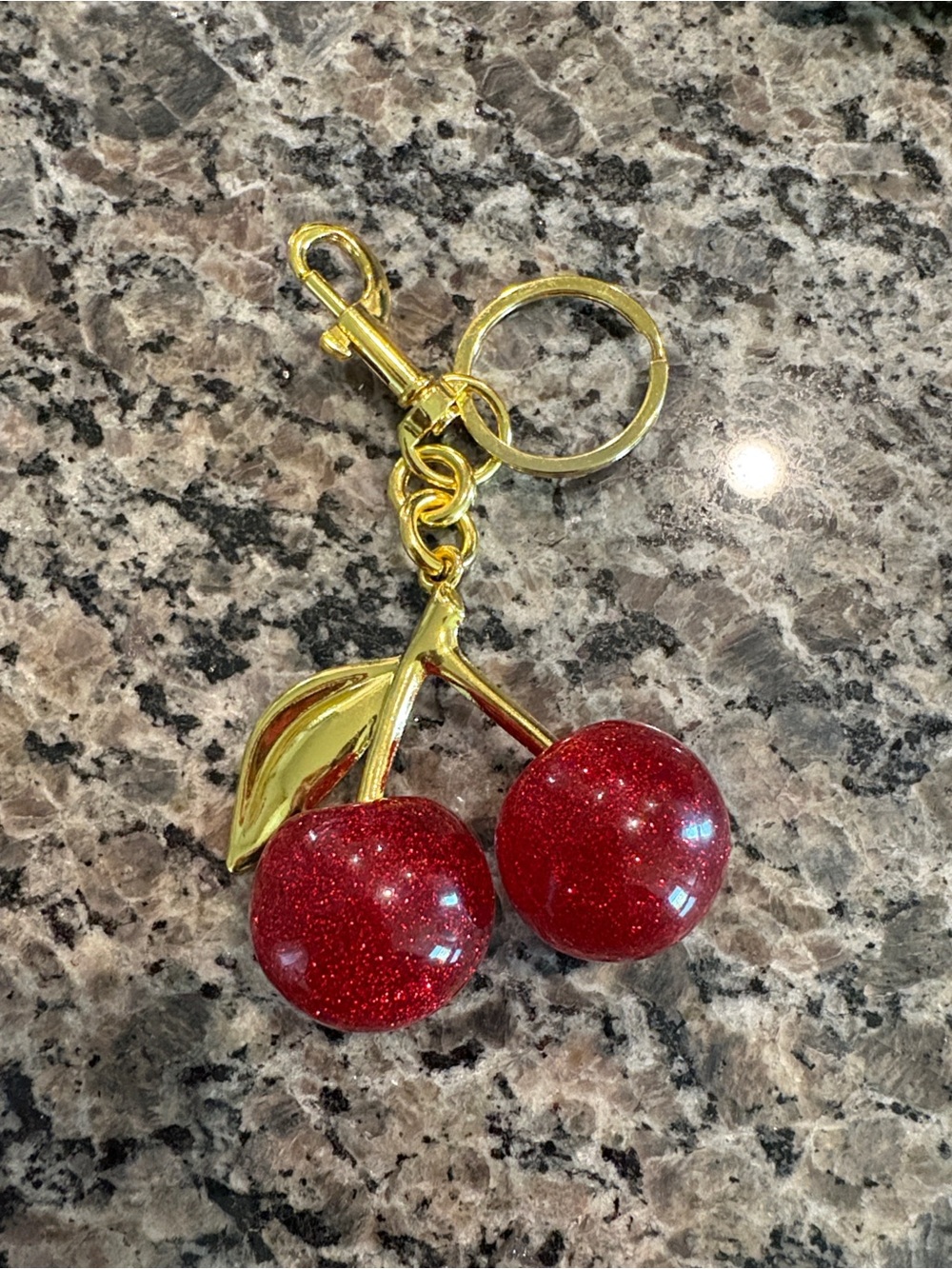 Gold Cherry Bag Charm Keychain with Glitter Red Cherries